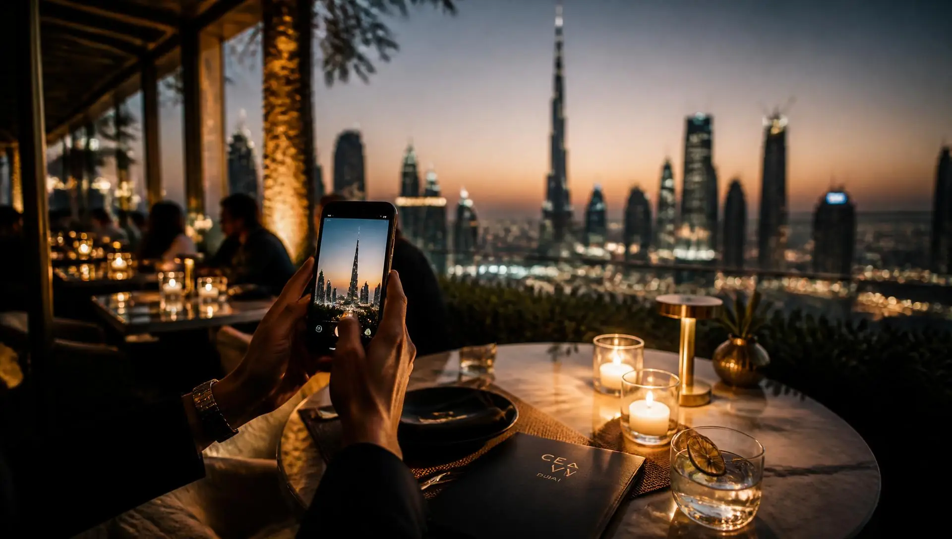 Guests dining on a rooftop terrace overlooking the Dubai skyline at dusk
